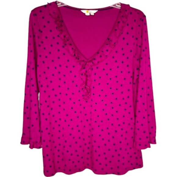 Boden Federica Polka Dot Jersey Ruffle-Neck Top 3/4 Sleeves - Fuchsia/Navy - 10 - Picture 1 of 8